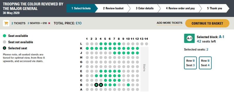 webpage to select seats of Trooping the Colour