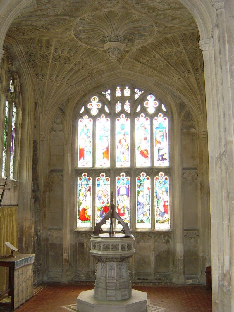 vaulted ceiling and a font at St Lawrence's Church, Evesham