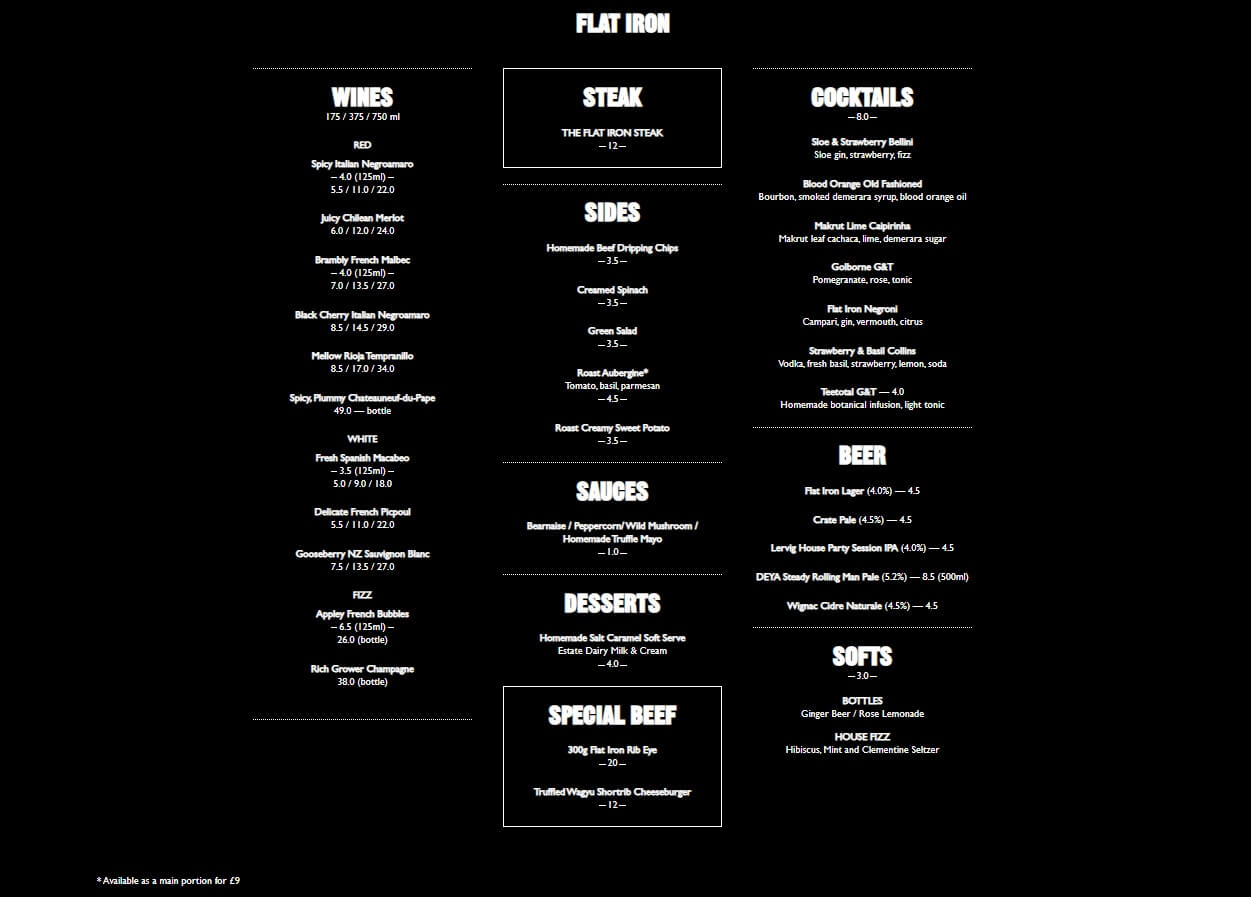 Flat Iron menu